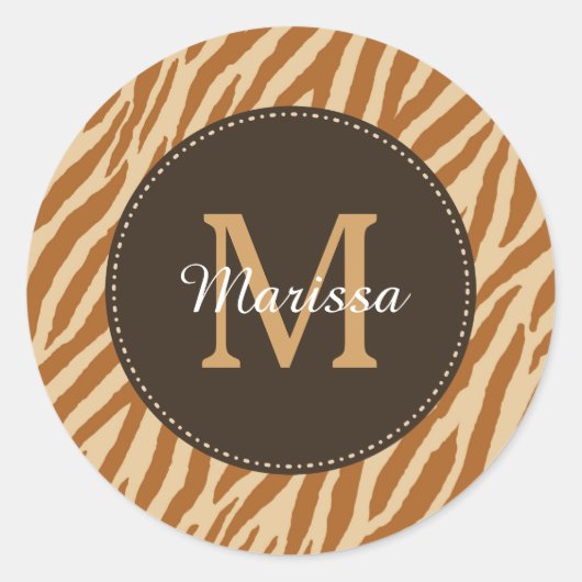 Stijlvolle Tawny Brown Zebra Print Monogram en naa Ronde Sticker (Voorkant)