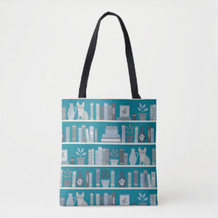 Stijlvolle Teal Blauwe Folk Art Boeken & Franse Li Tote Bag