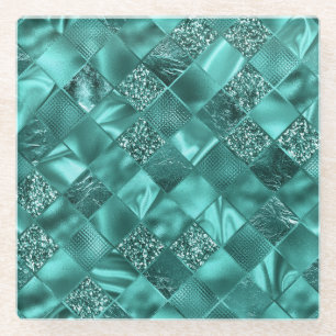 Stijlvolle Teal Glans Glitter en Folie Diamanten Glazen Onderzetter