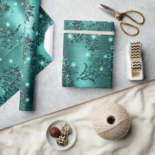 Stijlvolle Teal Glitter en Folie Bloem Cadeaupapier