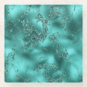 Stijlvolle Teal Glitter & Folie Marmer effect Glazen Onderzetter