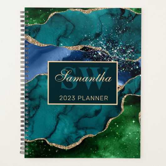 Stijlvolle Teal, Groen & Goud Glitter Agate Monogr Planner (Voorkant)
