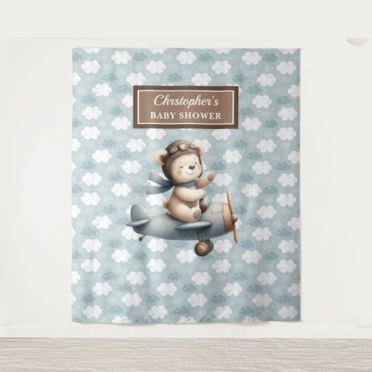 Stijlvolle teddybeer piloot babyshower feestbord wandkleed (Voorkant)