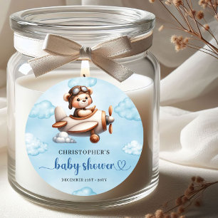 Stijlvolle teddybeer piloot vliegtuig blauwe bruin ronde sticker
