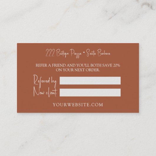 Stijlvolle terracotta Verwijs een Vriend Verwijzin Aanbevelingskaartje (Achterkant)