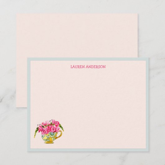 Stijlvolle theebeker met roze rozen vlakke Dank u Bedankkaart (Voorkant / Achterkant)