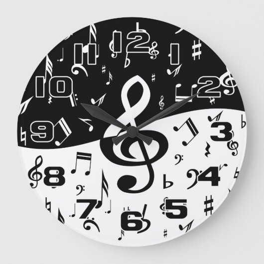 Stijlvolle, Treble Clef Wave Black en White Grote Klok (Voorkant)
