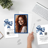 Stijlvolle Trendy Blauwe Bloemen Bow Photo College Informatiekaartje