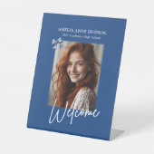 Stijlvolle trendy foto blauwe afstudeerfeest welko reclamebord met voetstuk (Voorkant)