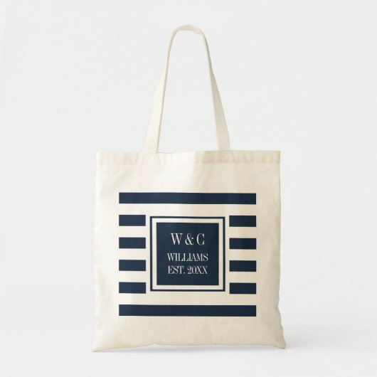 Stijlvolle trendy monogram navyblauw wit gestreept tote bag (Voorkant)