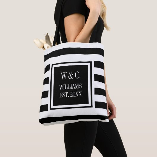 Stijlvolle trendy monogram zwart-wit gestreept tote bag (Dichtbij)