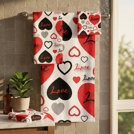 Stijlvolle trendy rode en zwarte liefdeshartjespat bad handdoek