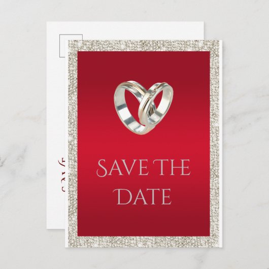 Stijlvolle trouwringen, robijnrood & glitter bruil aankondigingskaart (Voorkant / Achterkant)