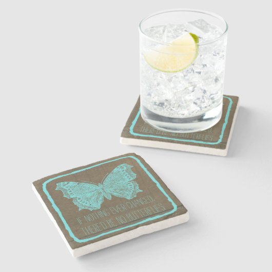 Stijlvolle Turquoise Blue Wood Butterfly Quote Stenen Onderzetter (Zijkant)