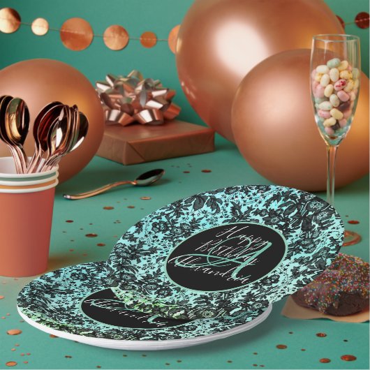 Stijlvolle Turquoise donkere humeurige bloemen ver Papieren Bordje (Multi)