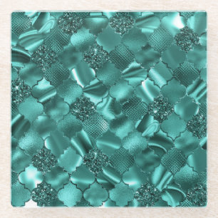 Stijlvolle turquoise glans glitter en folie quatre glazen onderzetter