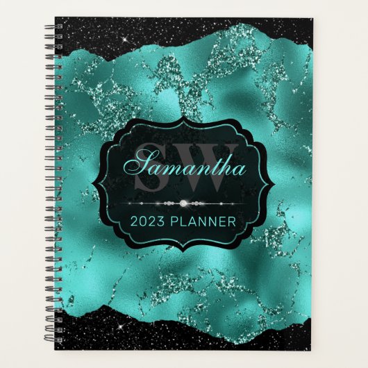 Stijlvolle turquoise glinsterend marmer & zwarte r planner (Voorkant)