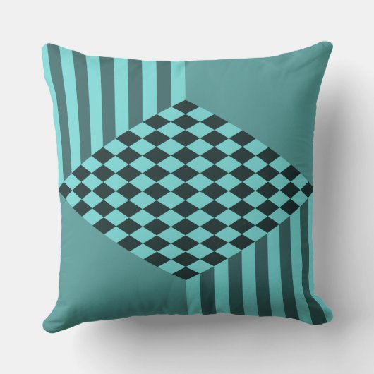 Stijlvolle turquoise strepen diamanten dambord kussen (Achterkant)