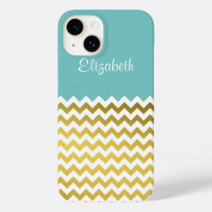 Stijlvolle Turquoise, White en Gold Chevron Custom Case-Mate iPhone 14 Hoesje
