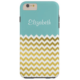 Stijlvolle Turquoise, White en Gold Chevron Custom Case-Mate iPhone 14 Hoesje