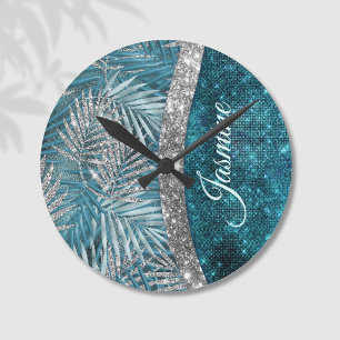 Stijlvolle turquoise zilveren glitterbladeren mono ronde klok