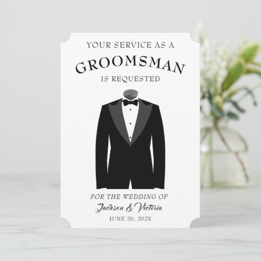 Stijlvolle Tuxedo Groomsman Kaart (Staand voorkant)