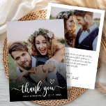 Stijlvolle typografie 2 foto bruiloft dank u kaart<br><div class="desc">Boho hart moderne typografie bruiloft 2 foto dank u kaart. Stijlvolle Minimalistische bruiloft dank u sjabloon met een volledige verticale foto op de voorkant met "Dank u" overlay in een handgeletterde kalligrafie swash tail script lettertype overlay met liefde hart motief in wit op het afbeelding. Aan de achterkant één foto...</div>
