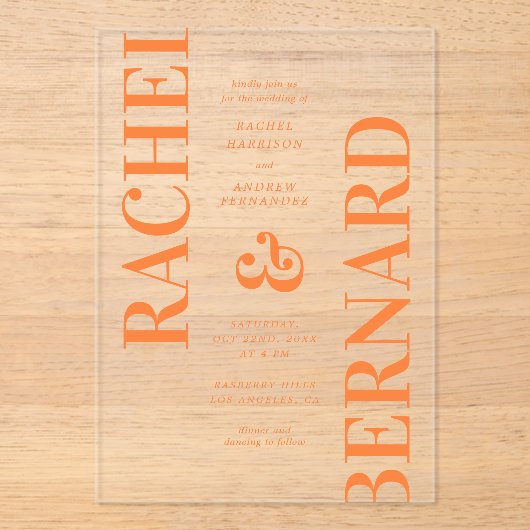 Stijlvolle typografie Bold Bright Transparent Wedd Acryl Uitnodigingen (Voorkant)