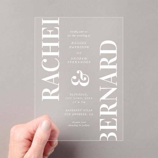 Stijlvolle typografie Bold Bright Transparent Wedd Acryl Uitnodigingen (Insitu (Draagbaar))