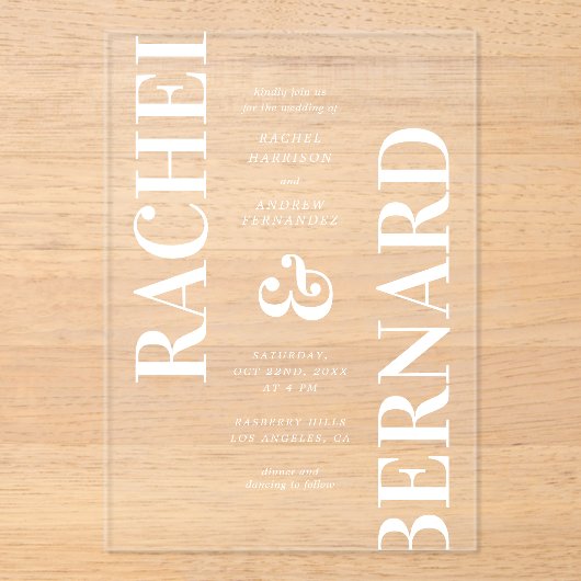 Stijlvolle typografie Bold Bright Transparent Wedd Acryl Uitnodigingen (Voorkant)