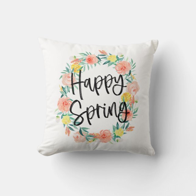 Stijlvolle Typografie-Waterverf Floral Happy Sprin Kussen (Voorkant)