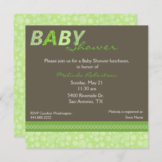 Stijlvolle uitnodiging voor groene en bruin Baby s (Voorkant / Achterkant)