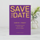 Stijlvolle unieke Paarse & Gele Typografie bruilof Save The Date (Staand voorkant)