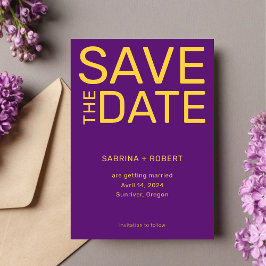 Stijlvolle unieke Paarse & Gele Typografie bruilof Save The Date