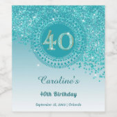 Stijlvolle Vallende Blauwgroen Blauwe Glitter 40e  Wijn Etiket (Enkel label)