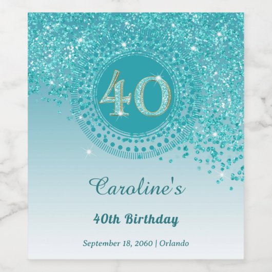 Stijlvolle Vallende Blauwgroen Blauwe Glitter 40e  Wijn Etiket (Enkel label)