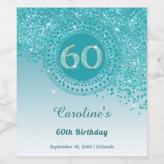 Stijlvolle Vallende Blauwgroen Blauwe Glitter 60st Wijn Etiket (Enkel label)