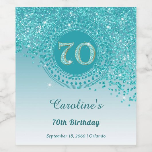 Stijlvolle Vallende Blauwgroen Blauwe Glitter 70st Wijn Etiket (Enkel label)