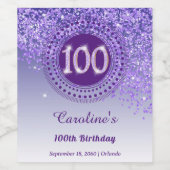 Stijlvolle vallende Paarse glitter 100e verjaardag Wijn Etiket (Enkel label)