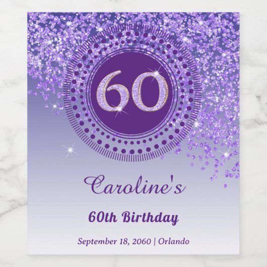 Stijlvolle vallende Paarse glitter 60e verjaardag Wijn Etiket (Enkel label)