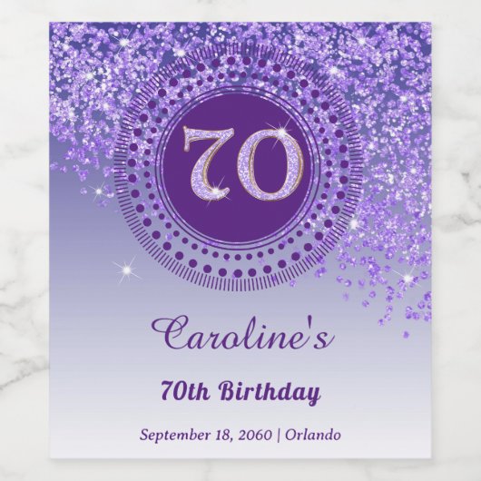 Stijlvolle vallende Paarse glitter 70e verjaardag Wijn Etiket (Enkel label)