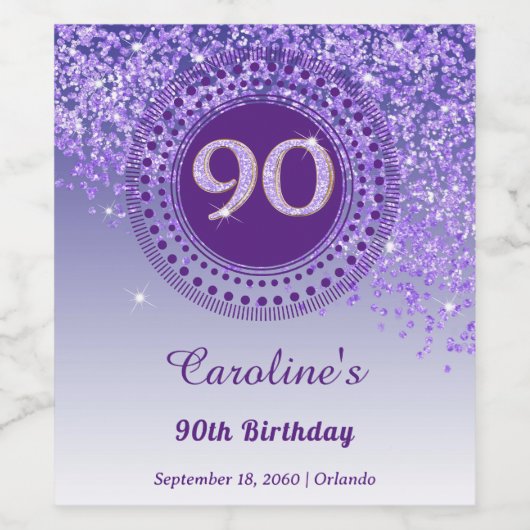 Stijlvolle vallende Paarse glitter 90e verjaardag Wijn Etiket (Enkel label)