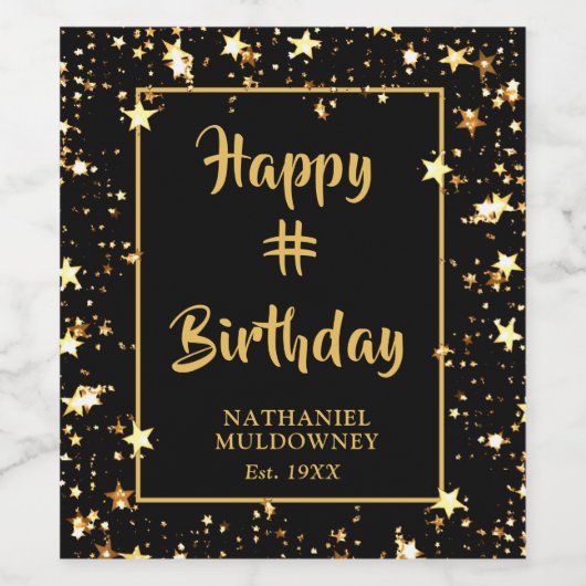 Stijlvolle verjaardag borstel script zwart gouden  wijn etiket (Enkel label)