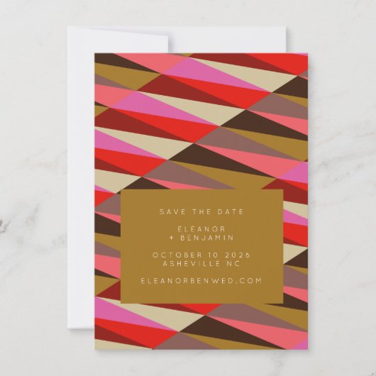 Stijlvolle Vette 60s Geometric Gold Black en Roze Save The Date (Voorkant)
