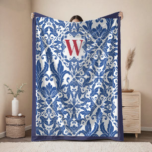 Stijlvolle vintage damast navy Blauwe monogram Fleece Deken
