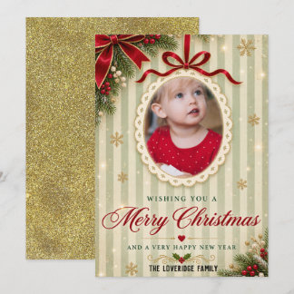 Stijlvolle Vintage Rode Strik Foto Ornament Kerstm Feestdagenkaart