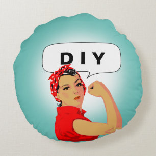 Stijlvolle vintage vrouw & DIY-tekst op turquoise Rond Kussen