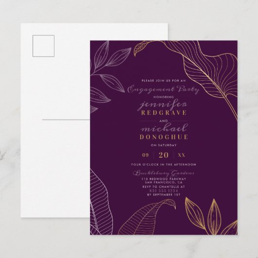 Stijlvolle Violet Gold Sprigs Modern Engagement Pa Uitnodiging Briefkaart (Voorkant / Achterkant)