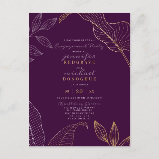 Stijlvolle Violet Gold Sprigs Modern Engagement Pa Uitnodiging Briefkaart (Voorkant)