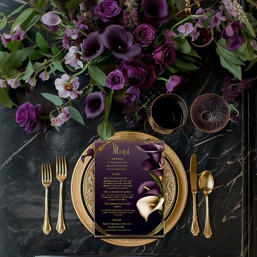 Stijlvolle Violet Paarse en gouden Calla Lily brui Menu
